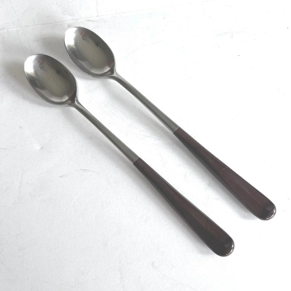 Ekco Eterna Iced Tea Spoons Set of 2 Forged Stainless Japan Brown MCM 7.75 inch